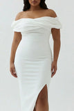 Off the Shoulder White Sheath Matte Satin Plus Size Graduation Dress With Slit