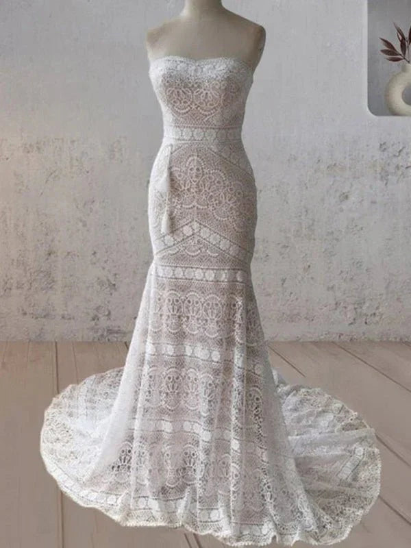 Vintage White Mermaid Lace Wedding Dress with Tassel