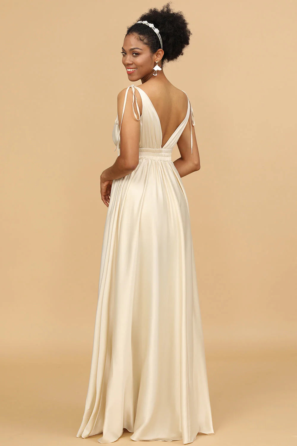 Ivory A Line Deep V Neck Backless Long Bridesmaid Dress