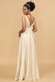 Ivory A Line Deep V Neck Backless Long Bridesmaid Dress