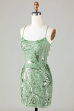 Sparkly Green Sheath Sequin Short Homecoming Dress with Criss Cross Back