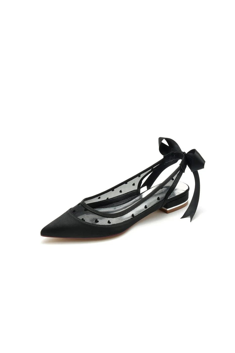 Satin Pointed Toe Mesh Low Heels With Bow