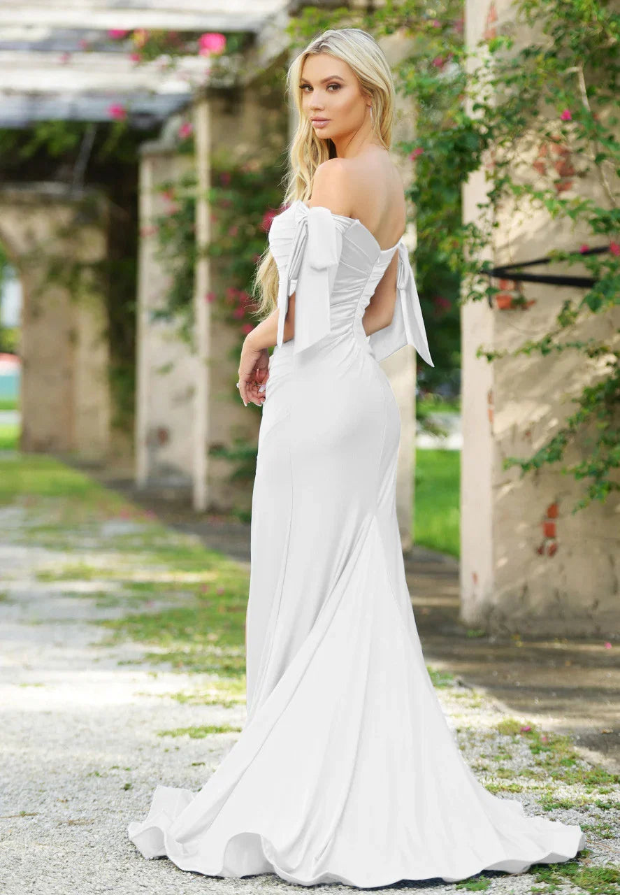 Amber Gown Off White Off Shoulder Stretch Spandex Satin Dress With Ties