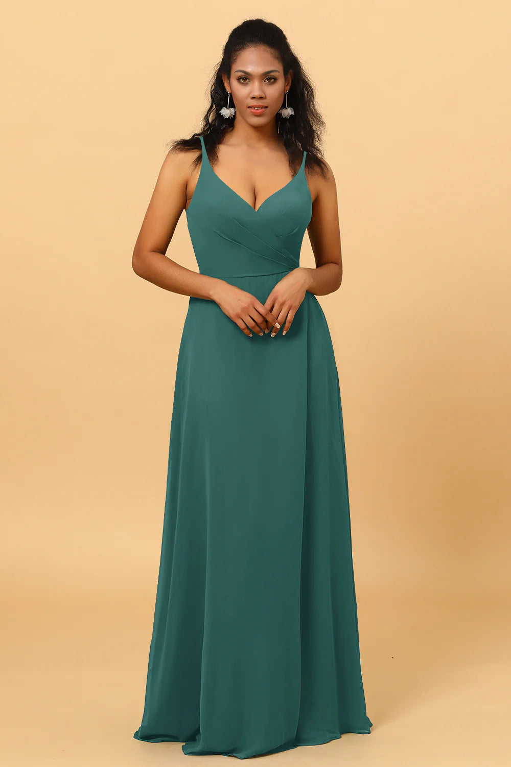 A Line V Neck Spaghetti Straps Floor Length Long Chiffon Bridesmaid Dress