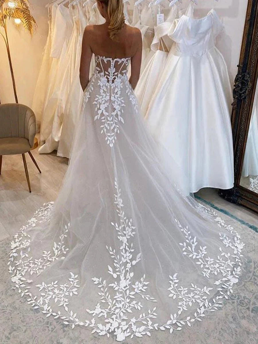 A line Lace Beach Wedding Dress with Off Shoulder Tulle Appliques
