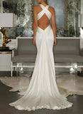 Mermaid V Neck Sleeveless Sweep Train Silk Like Satin Wedding Dresses