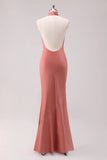 Terracotta Mermaid Halter Backless Floor Length Satin Bridesmaid Dress