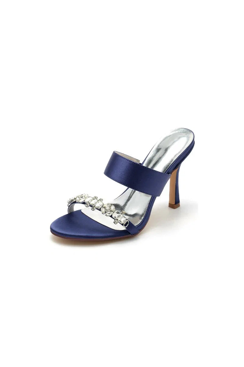 Open Toe Satin Strap Slip On High Heels With Rhinestone