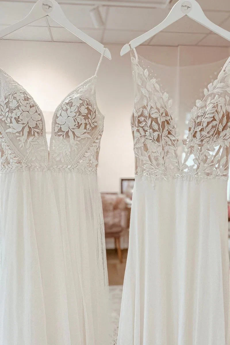 Simple White A Line Boho Long Chiffon Wedding Dress with Lace Appliques