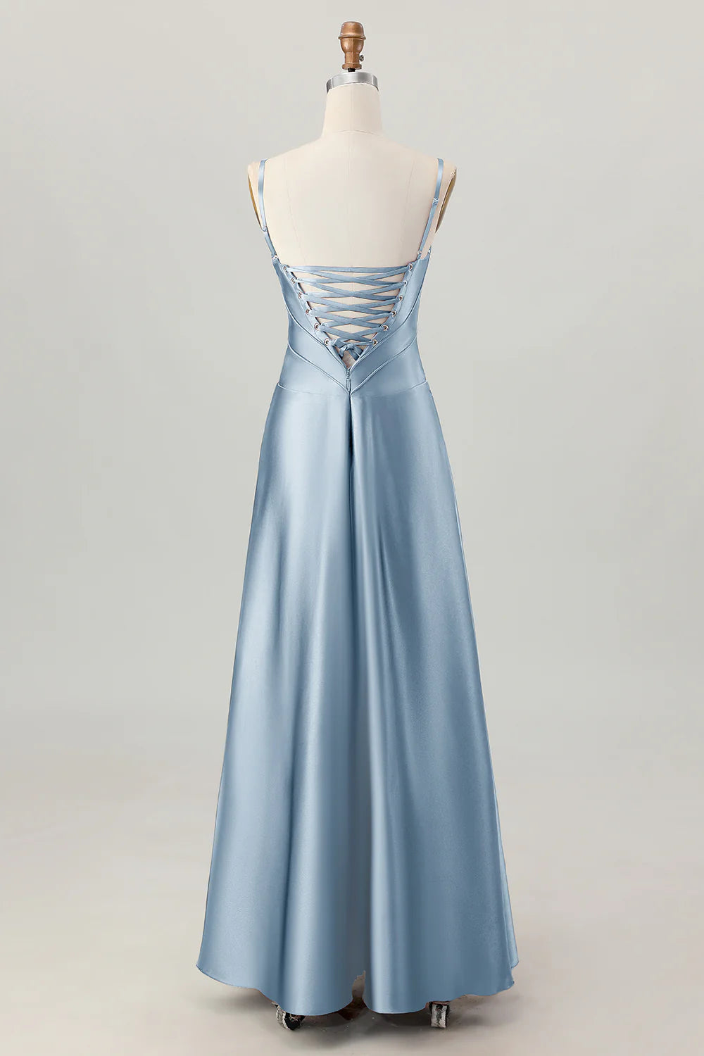 Dusty Sage A Line Spaghetti Straps Satin Long Bridesmaid Dress with Lace Up Back