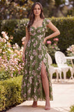 Green Flower A Line Square Neck Wedding Guest Dress with Slit