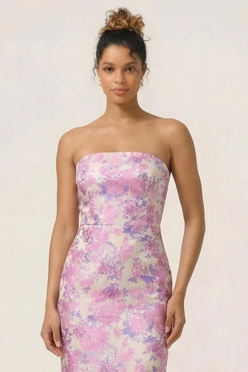 Blue Sheath Strapless White Floral Back Slit Satin Maxi Dress with Pockets