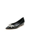 Elegant Black Pointed Toe Flats with a Crystal Ornament