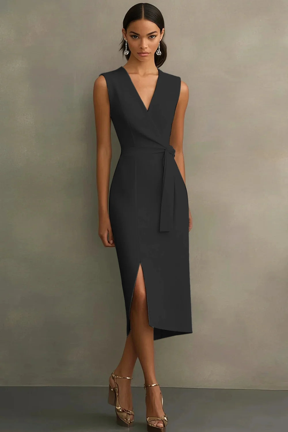White Satin V Neck Work Dress with Belt