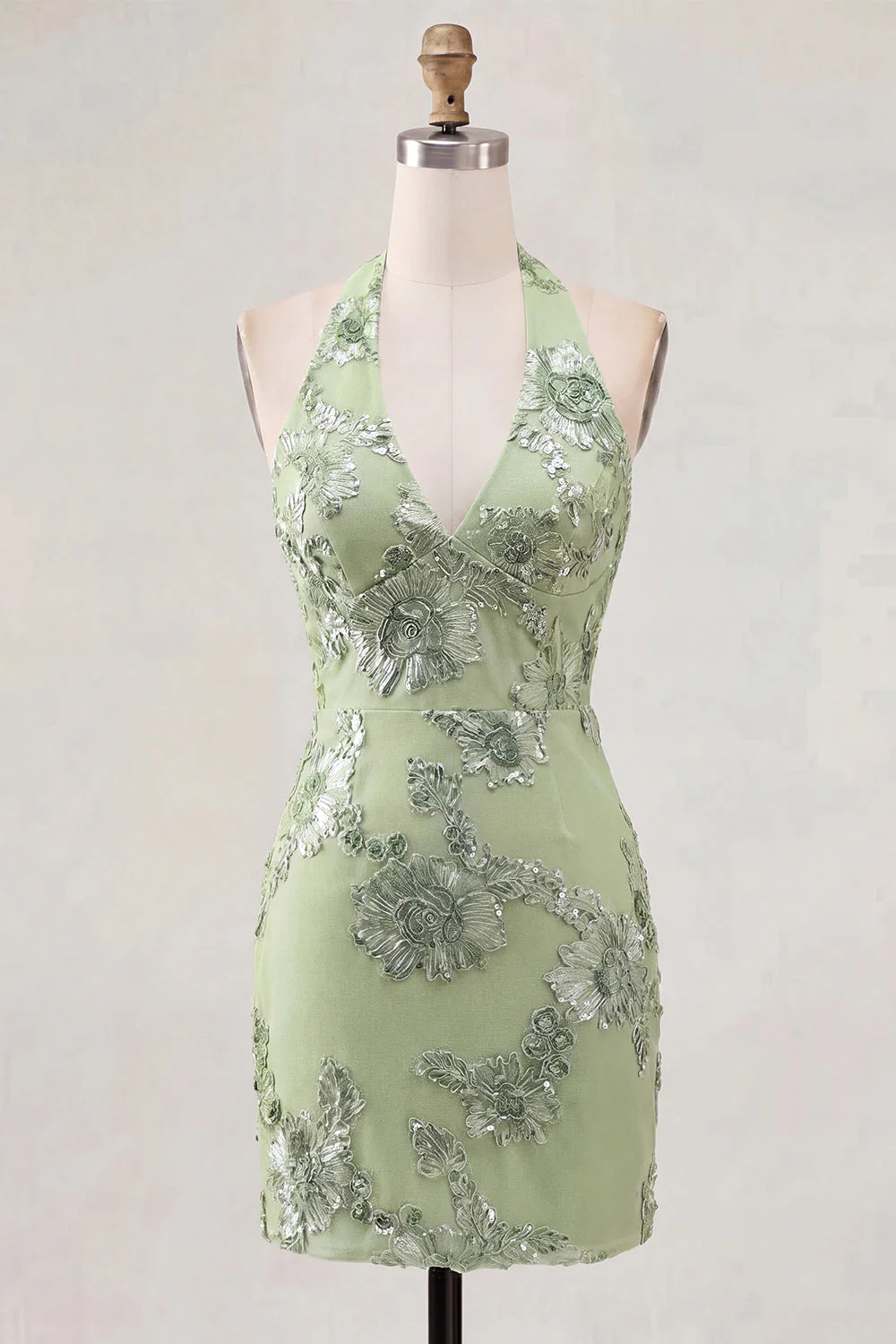 Light Blue Halter Bodycon Floral Short Homecoming Dress