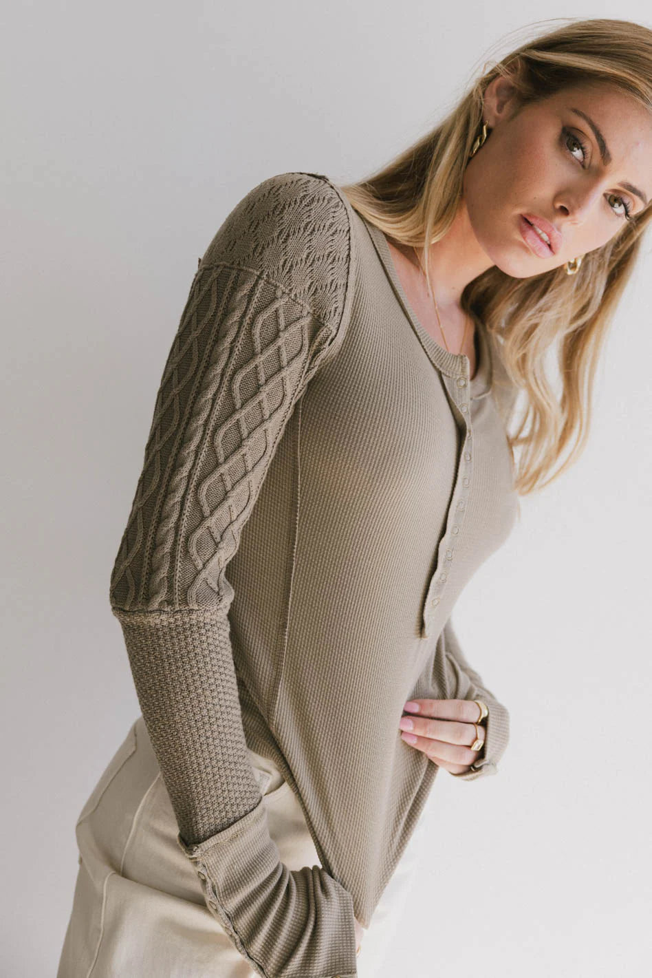 Naomi Cable Knit Sleeve Top in Olive FINAL SALE