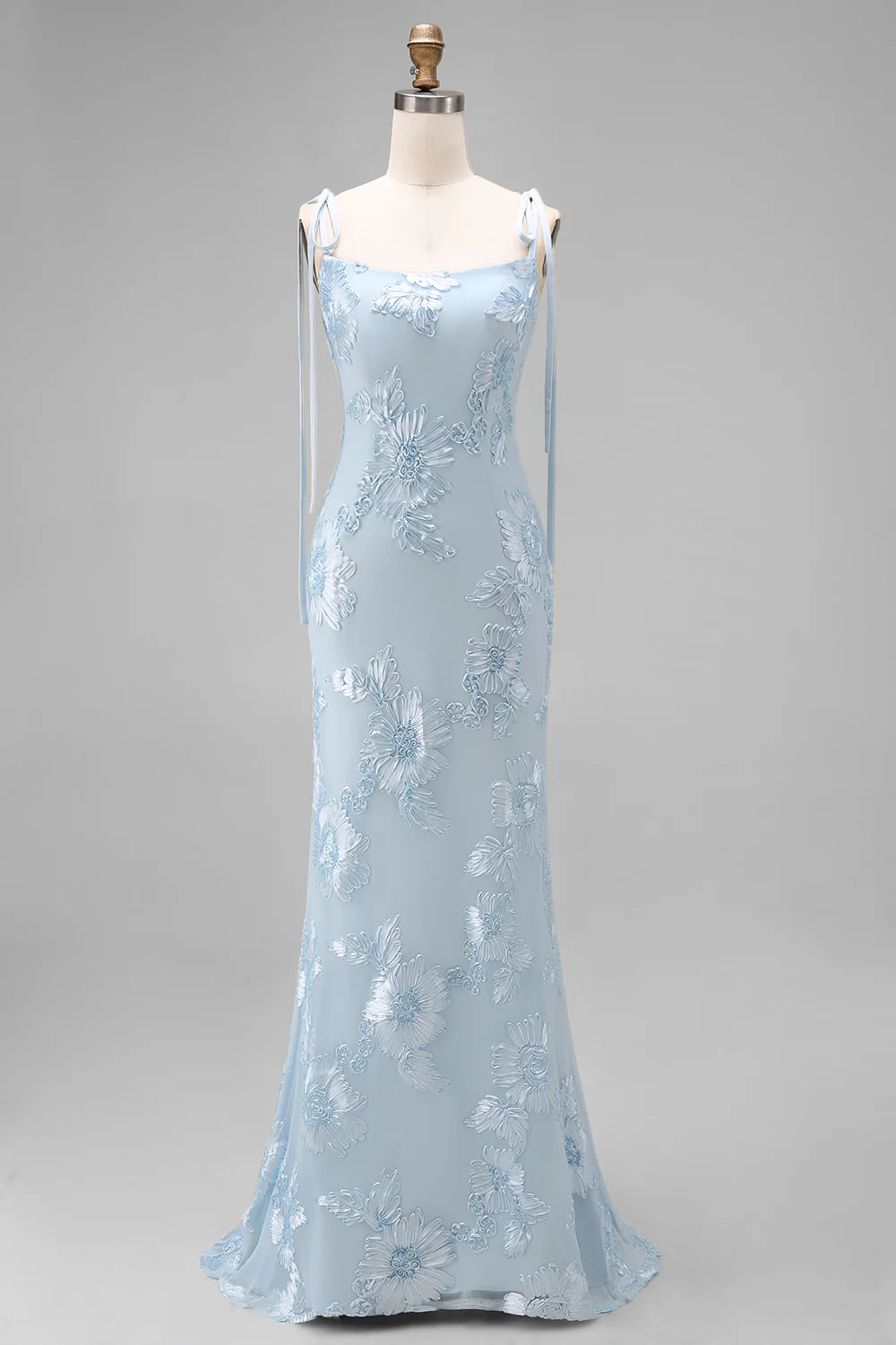 Light Blue Mermaid Spaghetti Straps Long Prom Dress with Appliques