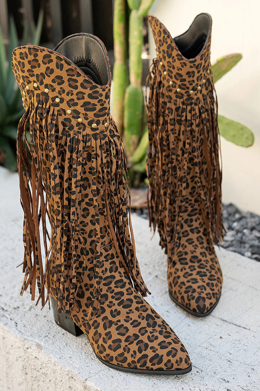 Black Fringe Studded Mid Calf Cowboy Boots
