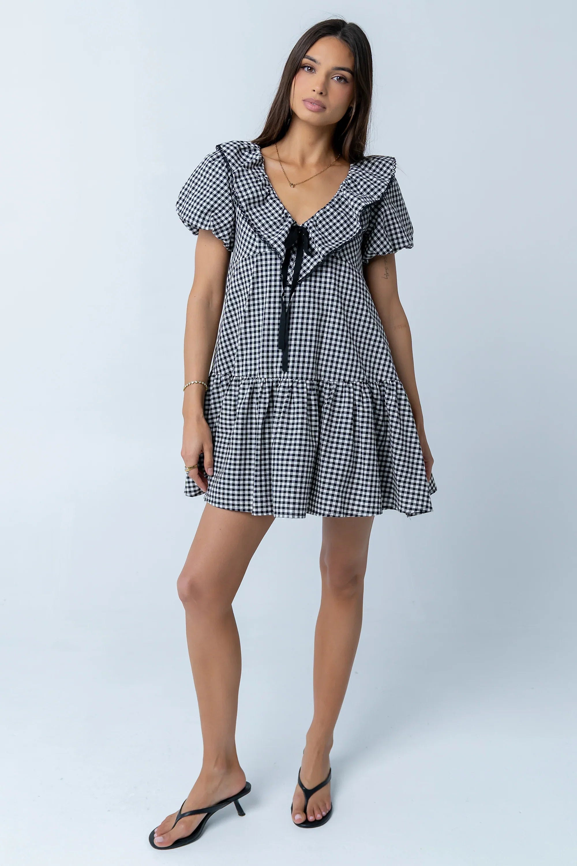 Tony Gingham Baby Doll Dress in Black