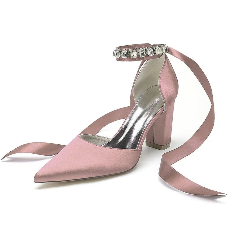 Rhinestone Ribbon Pointed Toe Ankle Strap Chunky Heel