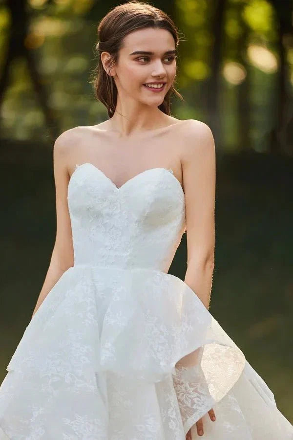 Lace Open Back Sweetheart Cascading Ruffles Sleeveless Bridal Ball Gown