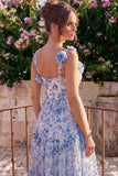 Blue Floral Square Neck A Line Midi Wedding Guest Dress with 3D Flowers