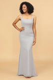 Grey Mermaid Square Neck Long Chiffon Bridesmaid Dress with Cape