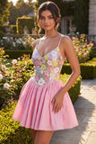 Sparkly Pink Floral A Line Short Homecoming Dress