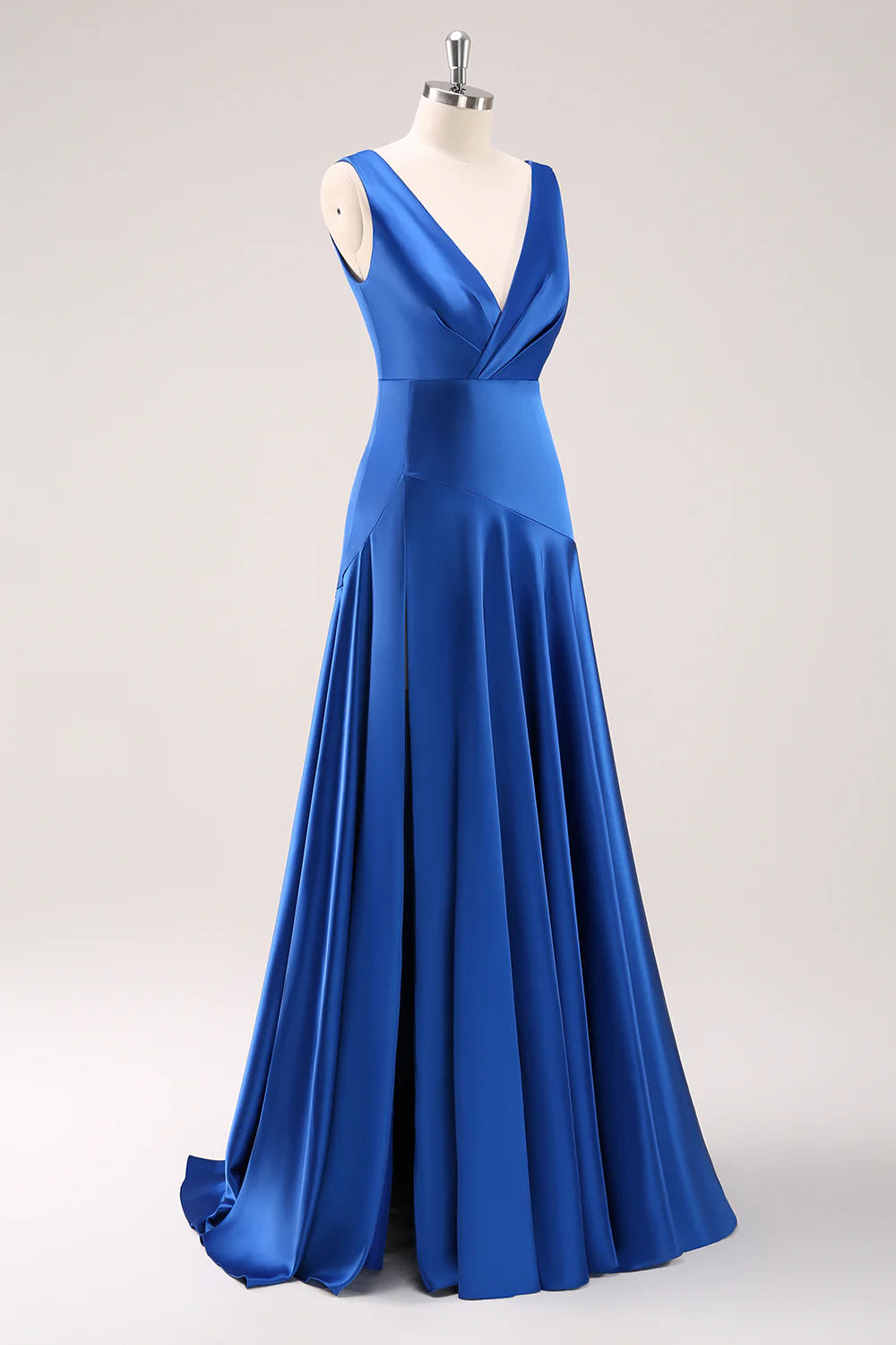Ink Blue A Line V Neck Satin Ruched Long Bridesmaid Dress with Slit