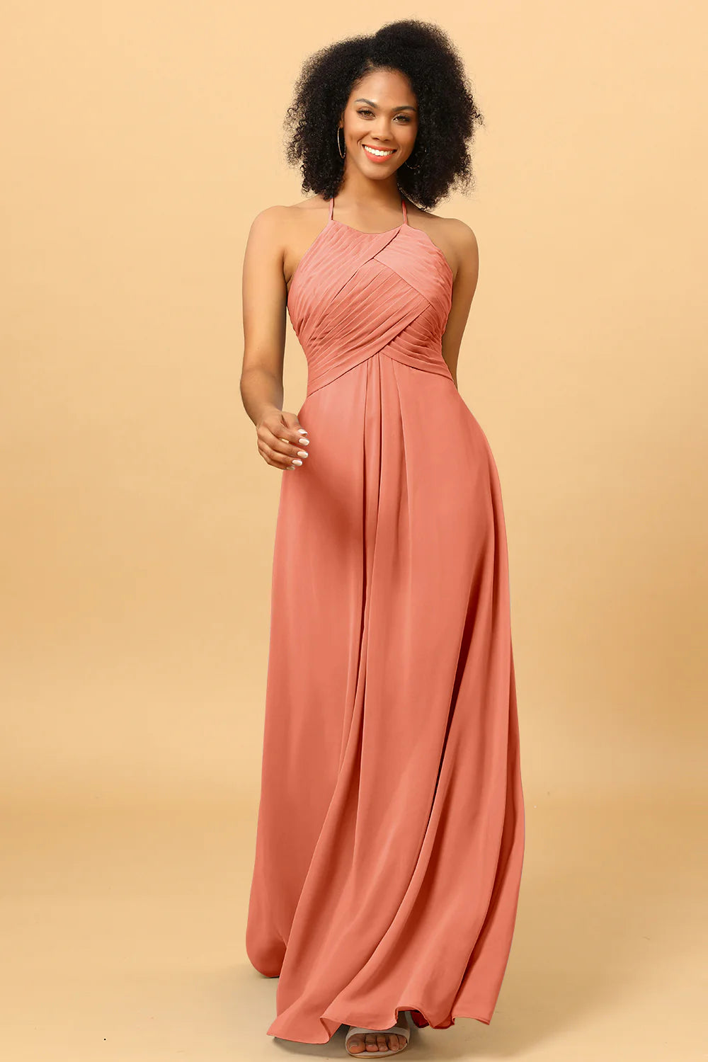 Sheath Halter Open Back Long Chiffon Bridesmaid Dress