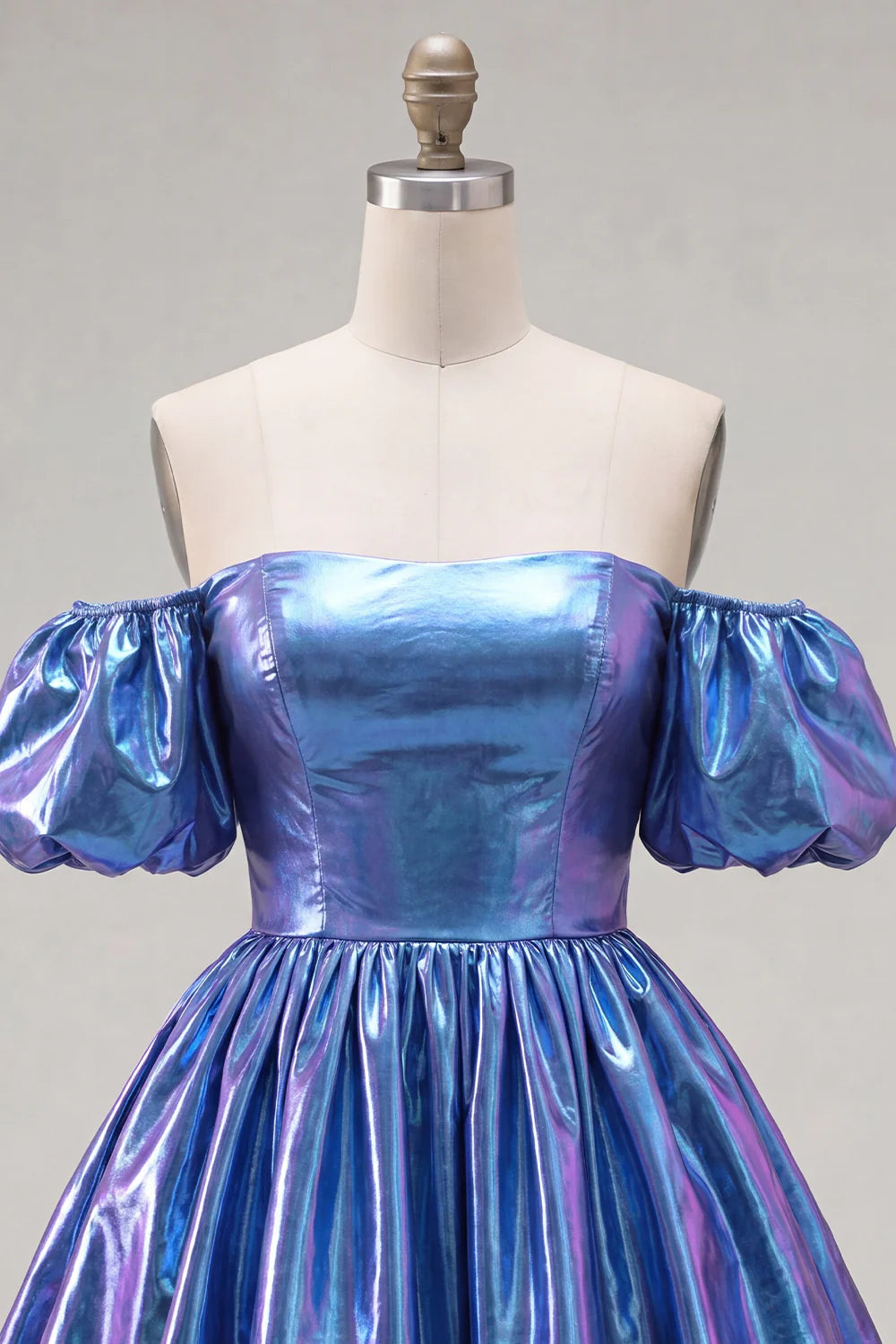Fuchsia Metallic Off the Shoulder A Line Homecoming Dress with Puff Sleeves