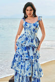 Blue Flower A Line Corset Tiered Print Long Bridesmaid Dress with Ruffles