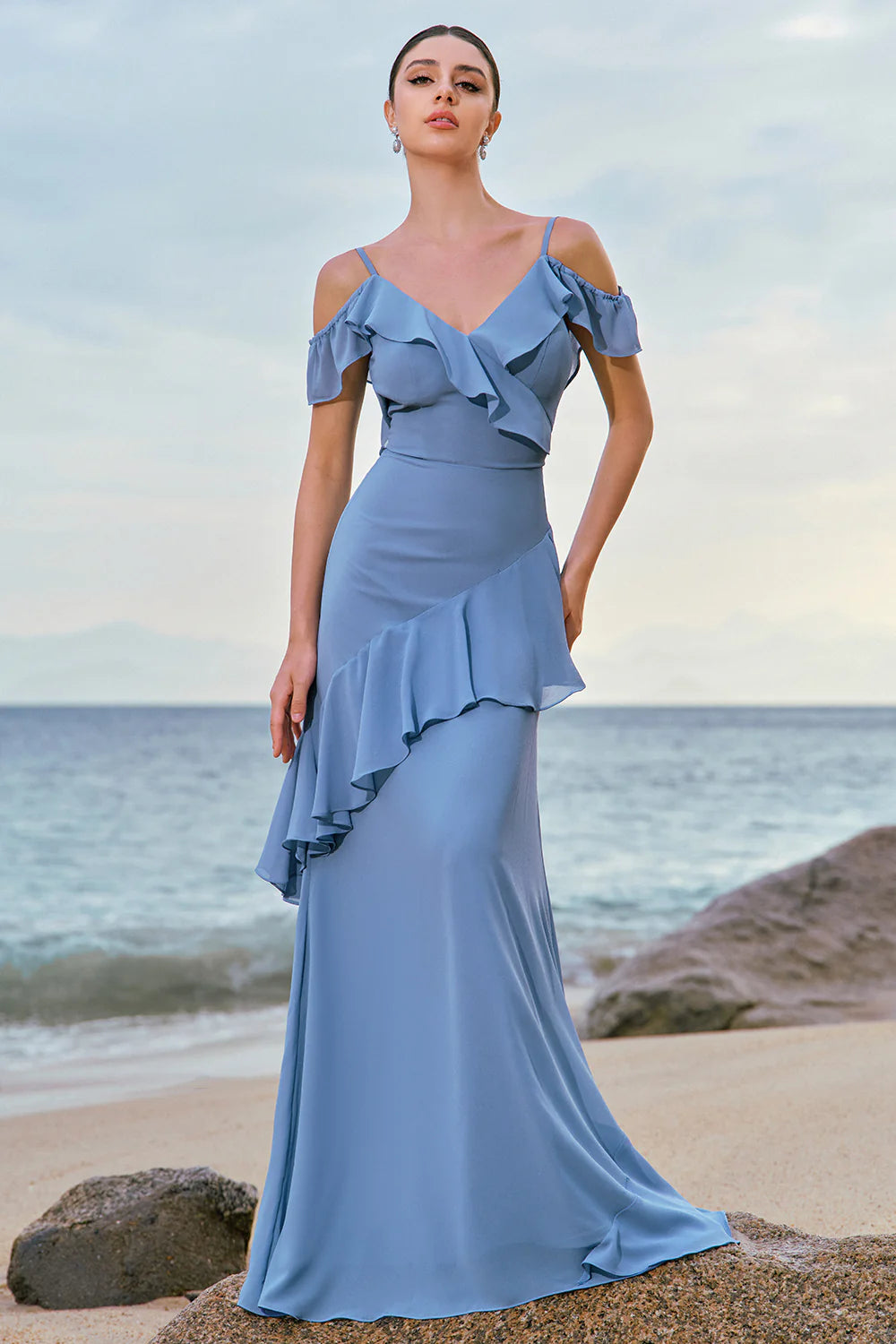 Grey Blue Cold Shoulder A Line Chiffon Long Bridesmaid Dress with Ruffles