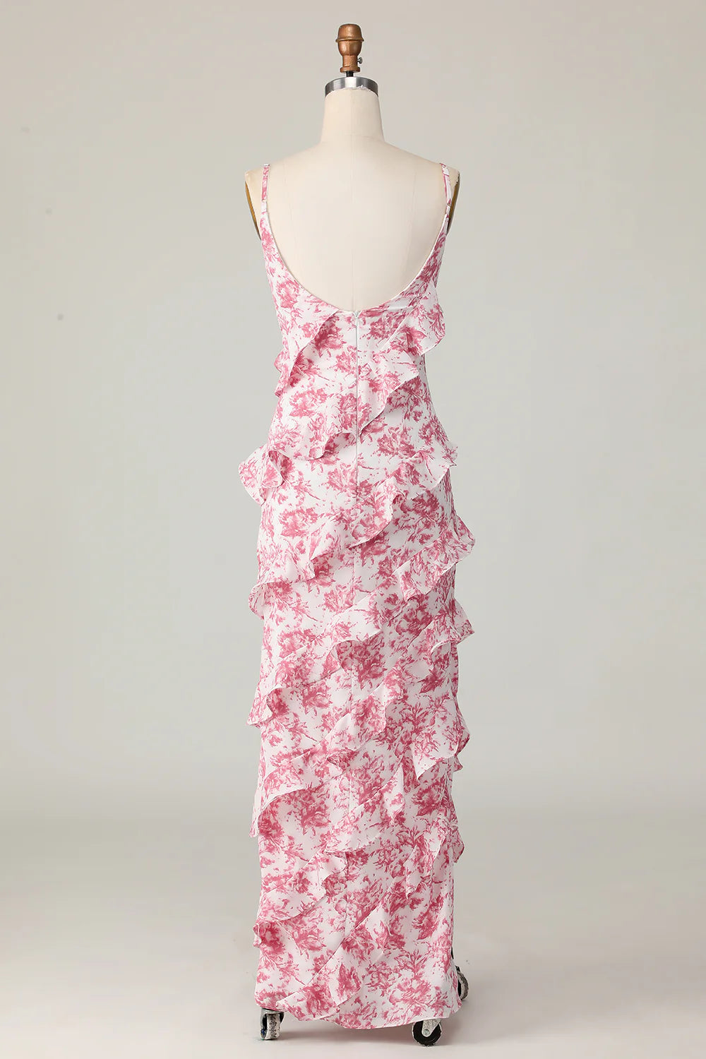 Blush Sheath Ruffle Chiffon Print Floral Long Plus Size Bridesmaid Dress with Slit