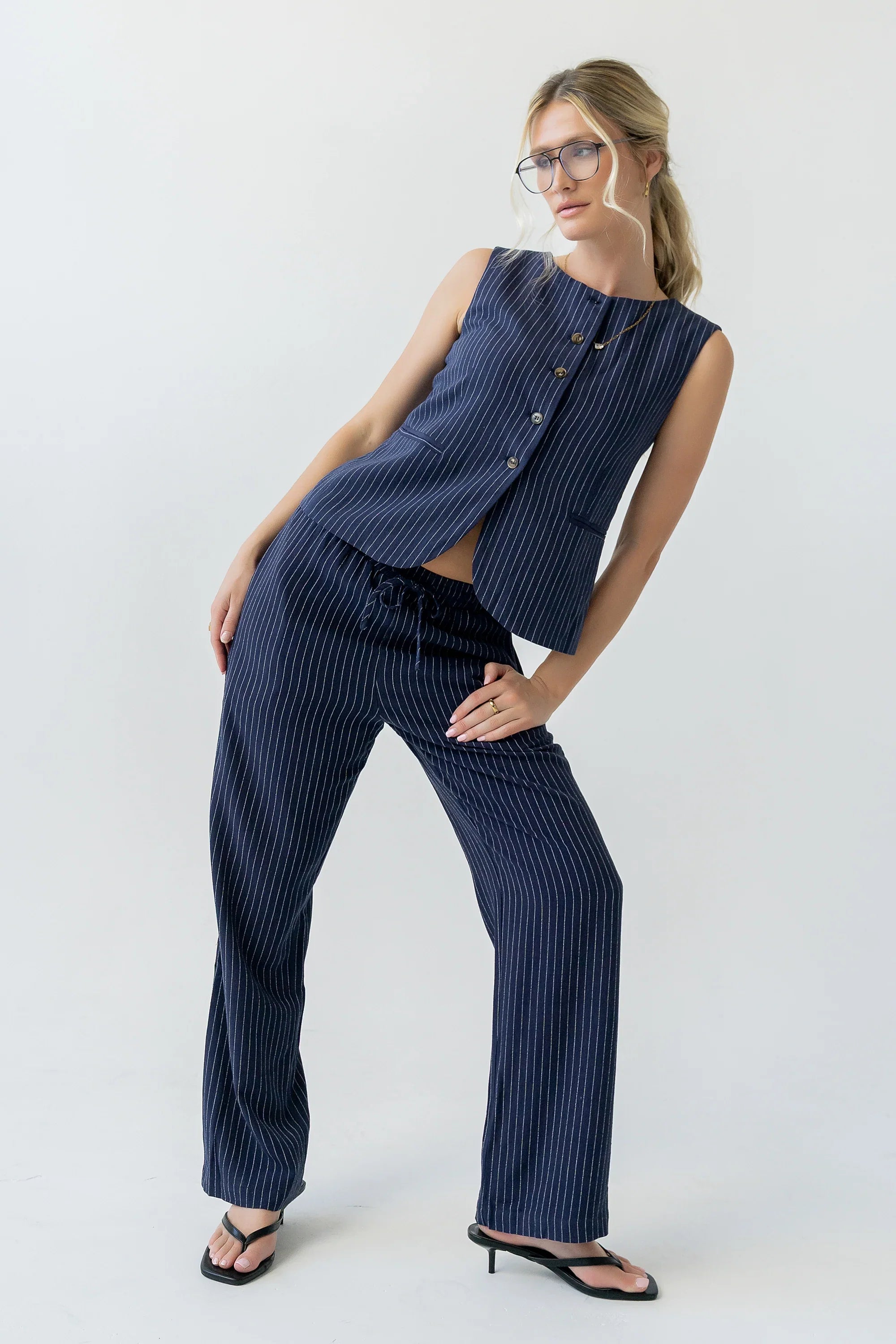 Vivienne Pinstripe Wide Leg Pants in Navy