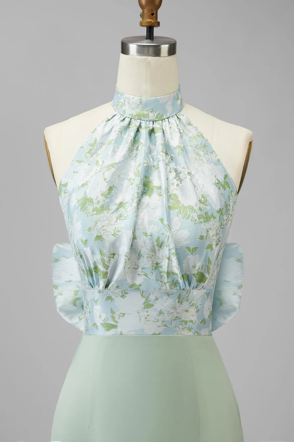 Green Printed Mermaid Halter Satin Bridesmaid Dress with Bow