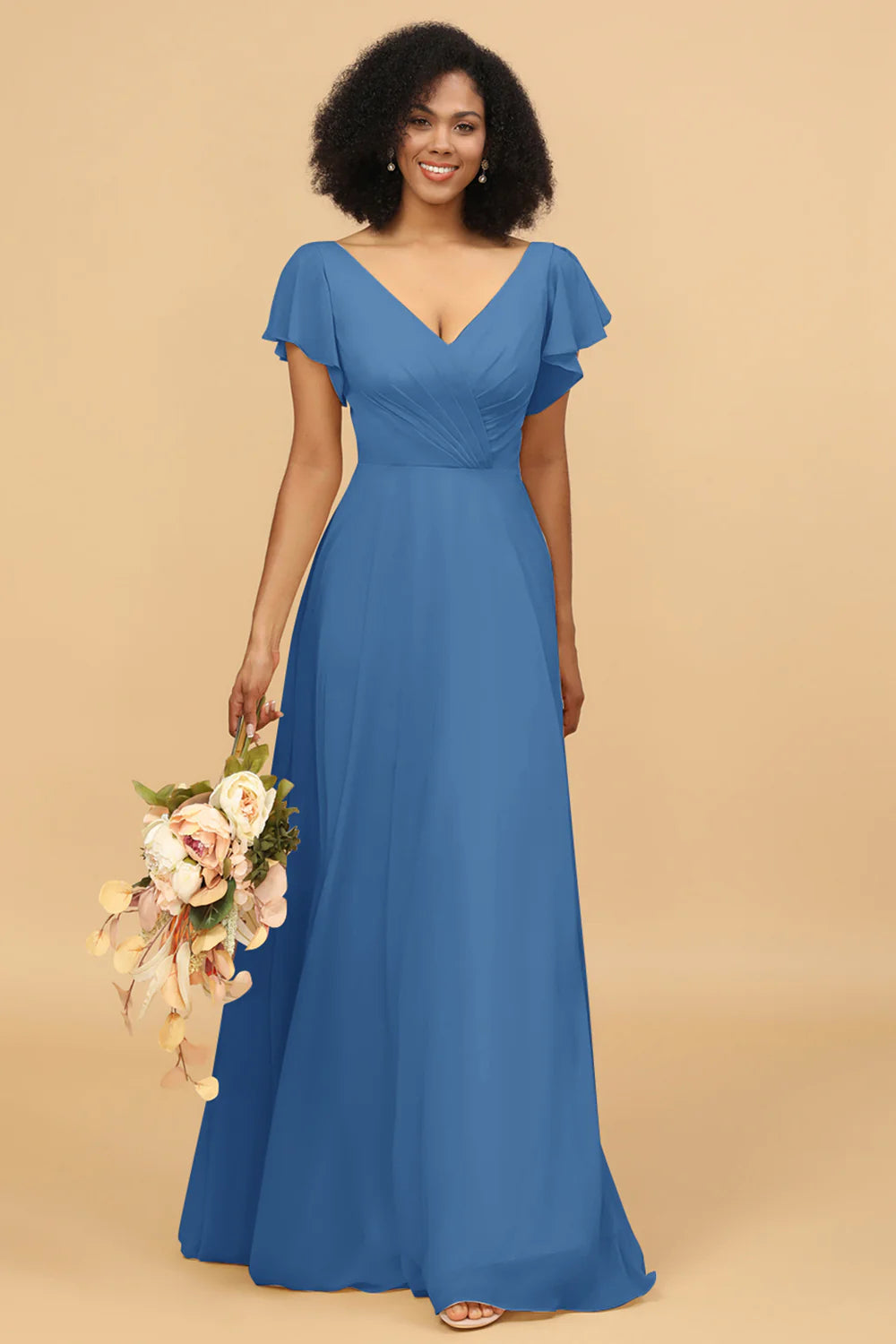 V Neck Cape Long Floor Length Chiffon Bridesmaid Dress