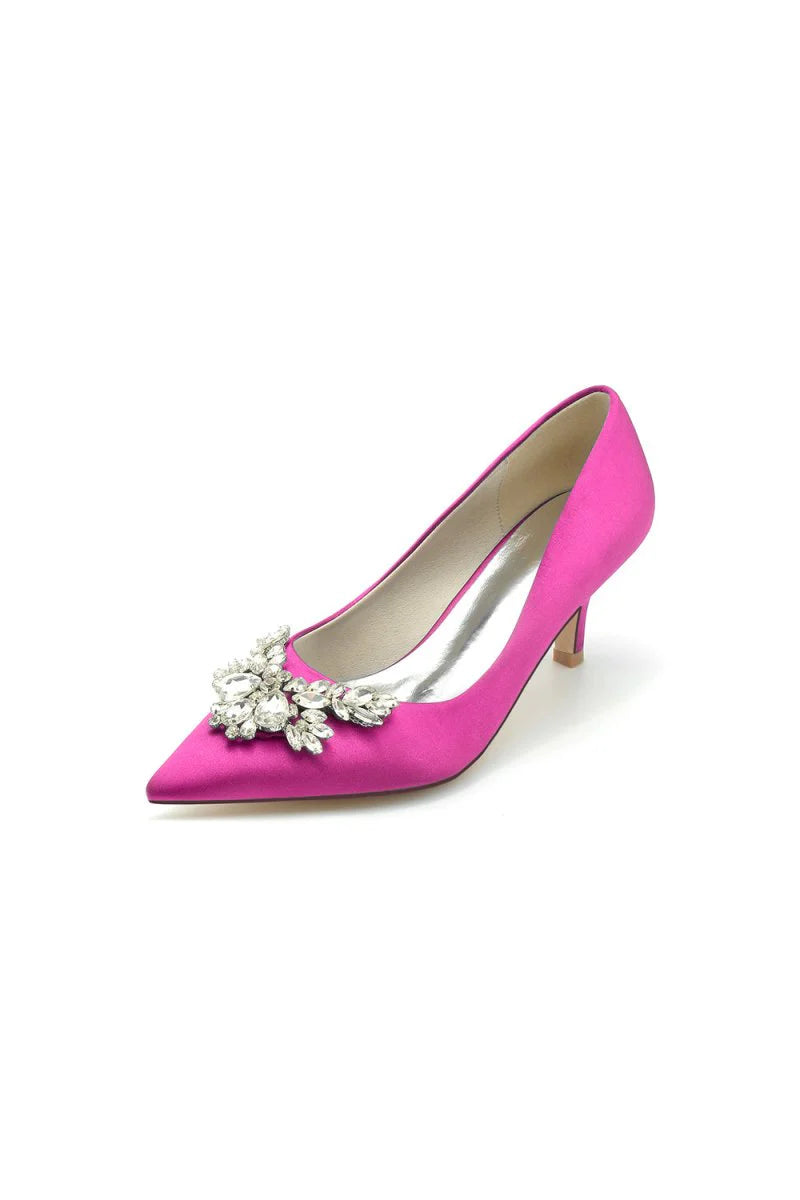 Rhinestone Pointed Toe Satin Kitten Heels