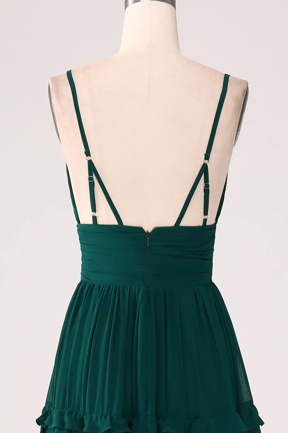 Dark Green A Line Spaghetti Straps Tiered Pleated Floor Length Bridesmaid Dress