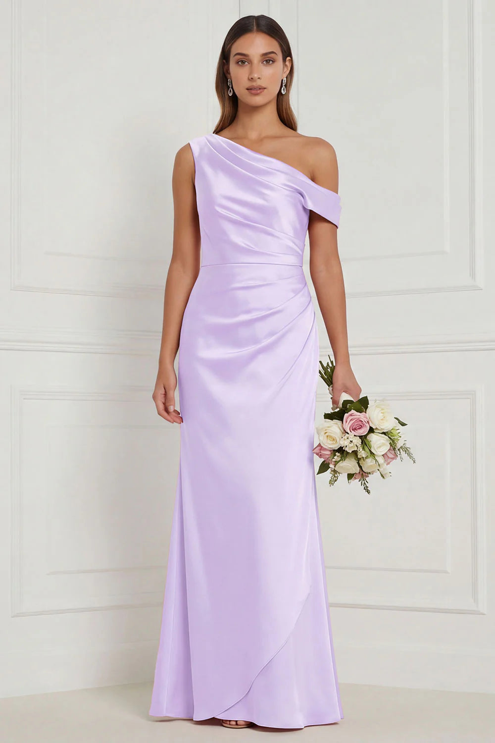 Burnt Orange Asymmetrical Neck Mermaid Ruched Satin Bridesmaid Dress