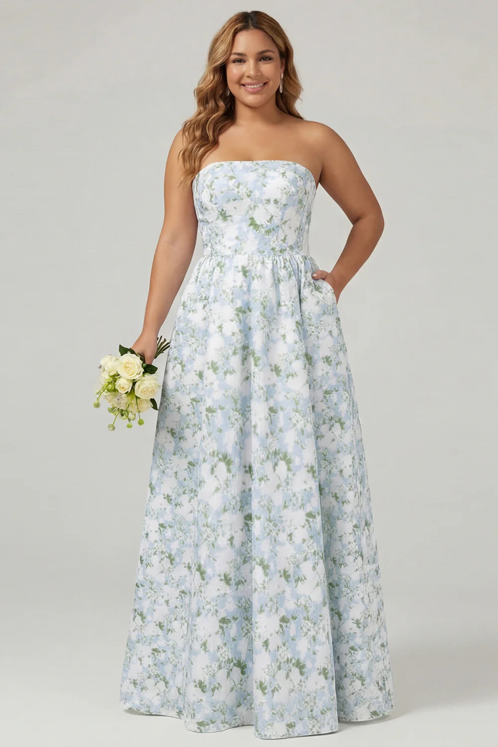 Blue Strapless Print A Line White Floral Long Satin Dress with Pockets