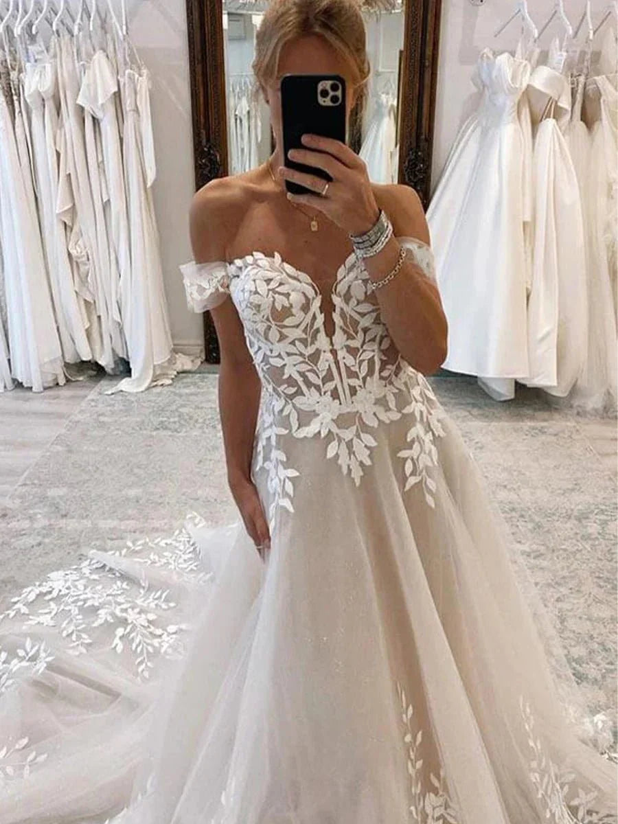 A line Lace Beach Wedding Dress with Off Shoulder Tulle Appliques