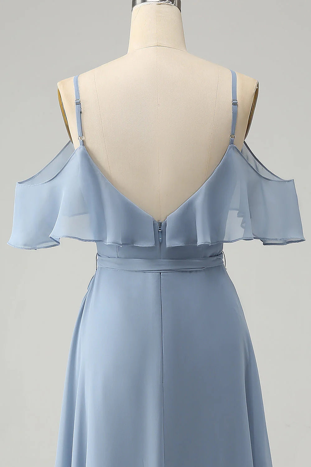 Grey Blue A Line Spaghetti Straps Chiffon Long Bridesmaid Dress with Slit
