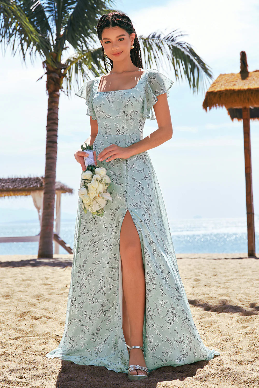 Dusty Sage A Line Square Neck Floor Length Print Bridesmaid Dress with Slit