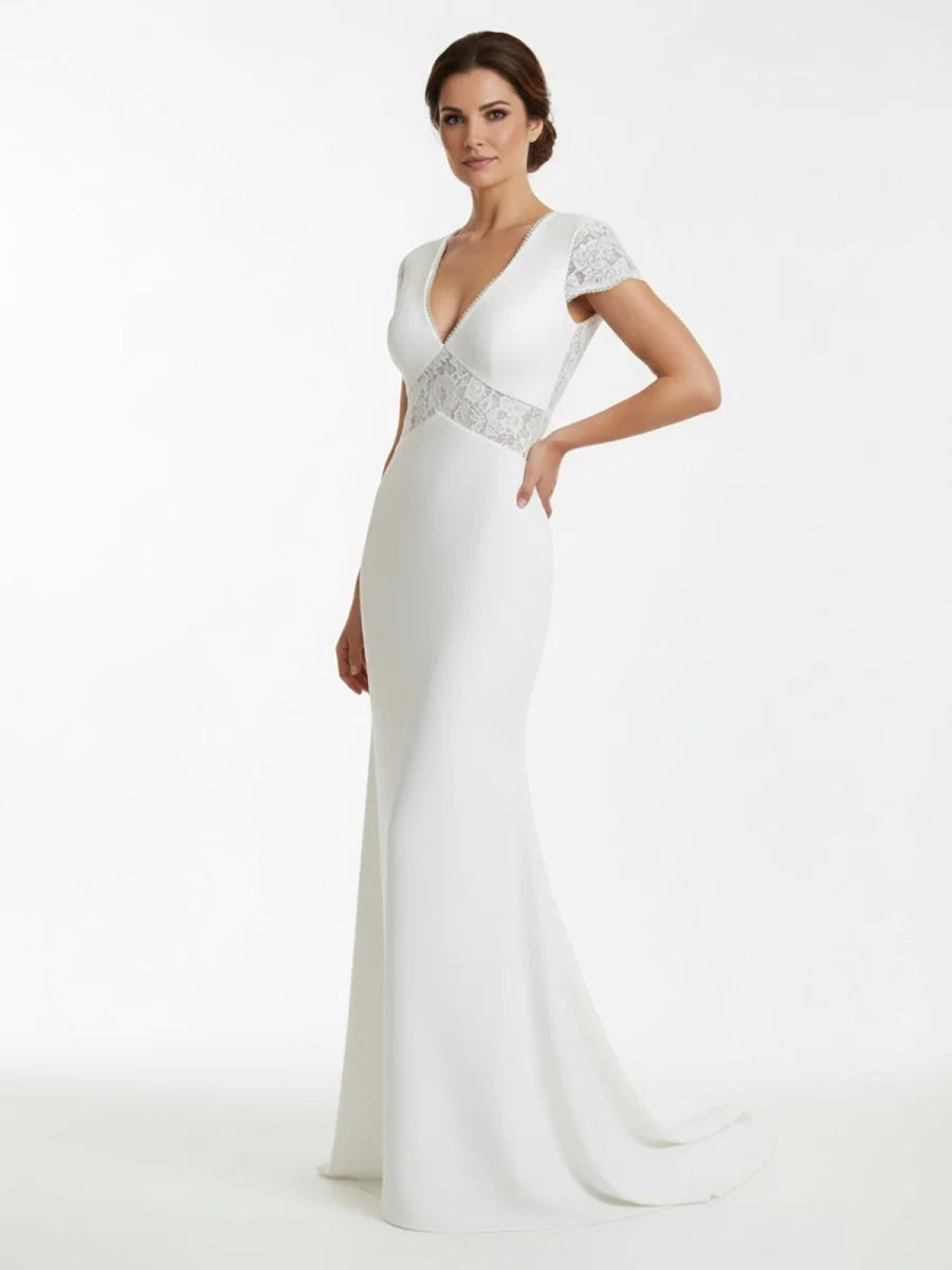Modest Simple Sheath Short Sleeve Empire Floor Length Sweep Train Chiffon V neck Wedding Dress