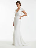 Modest Simple Sheath Short Sleeve Empire Floor Length Sweep Train Chiffon V neck Wedding Dress