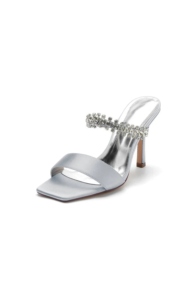 Square Open Toe Rhinestone Strappy Satin Stiletto Heels