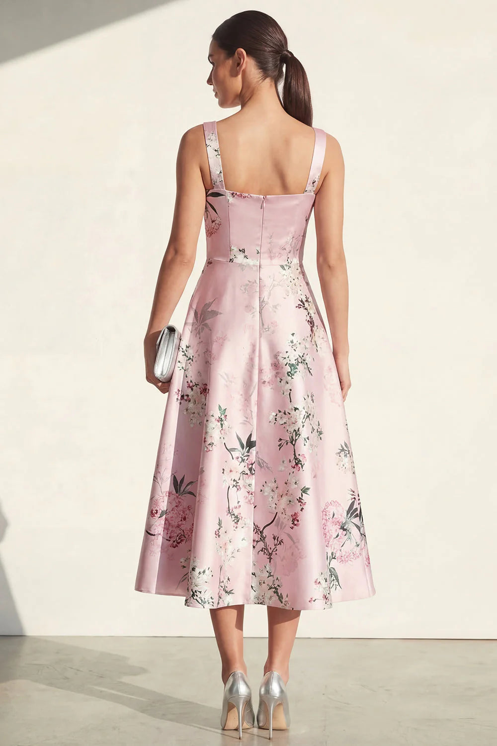 Pink Printed Satin A Line Midi Wedding Guest Dress