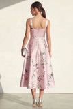 Pink Printed Satin A Line Midi Wedding Guest Dress