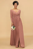 Blush V Neck Long Sleeves Chiffon Bridesmaid Dress with Slit